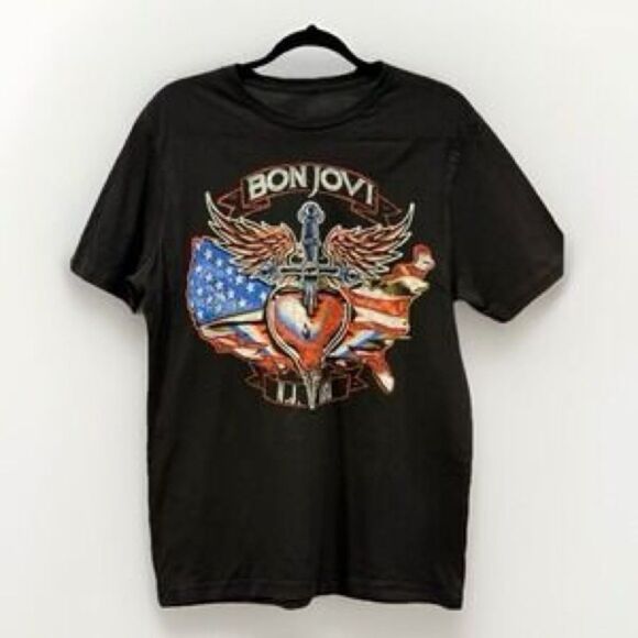 Bon Jovi Black Band Tee Graphic T Shirt 100% Cotton Size Medium - Picture 1 of 5
